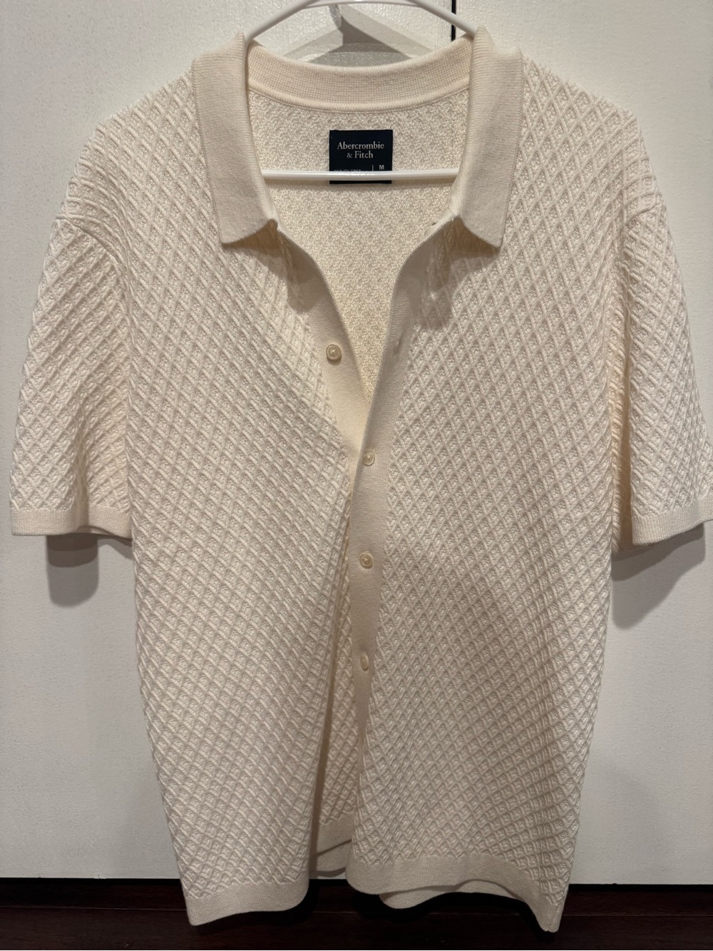 Abercrombie & Fitch Men's Cream Textured Short-Sleeve Polo Cardigan